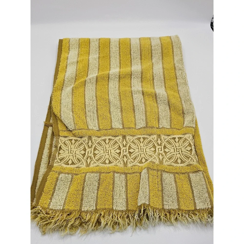 Vintage Montgomery Ward Style House Yellow Striped Cotton Fringe Hand Towel 70s